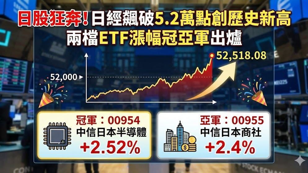 日股狂奔！日經飆破5.2萬點創歷史新高　兩檔ETF漲幅冠亞軍出爐