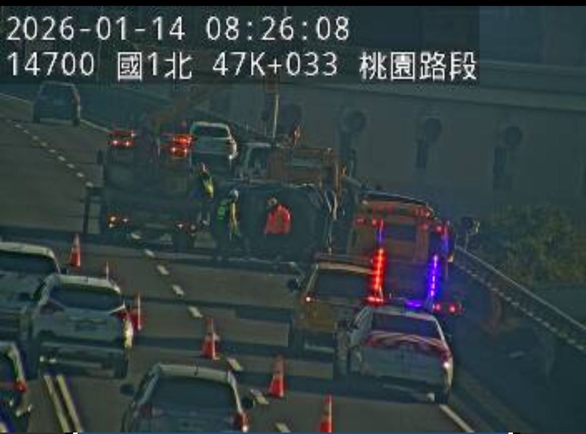 快訊／上班注意！國1北上桃園段事故　4車連環撞「1翻覆」紫爆