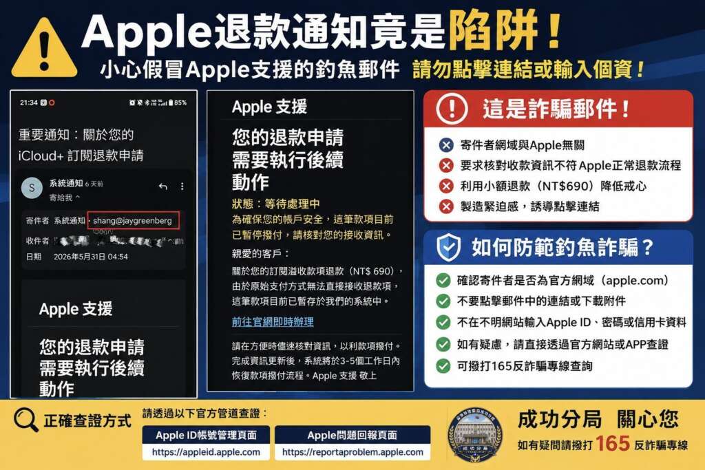 Apple退款通知竟是陷阱　成功分局提醒民眾慎防假退款釣魚郵件